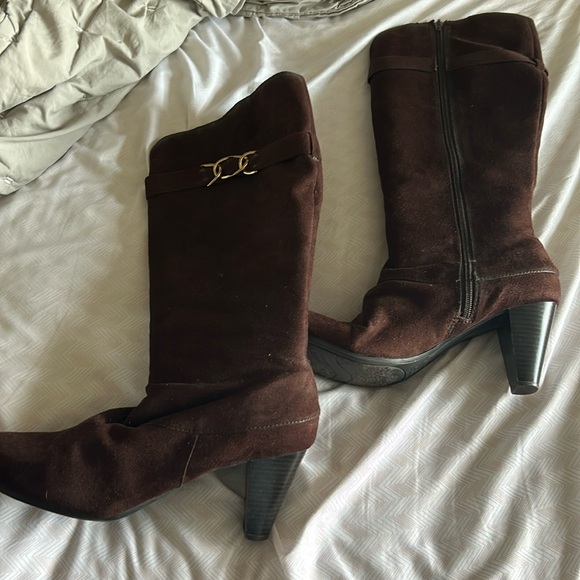 Predictions Shoes - Predictions Brown Fabric Heeled Knee Boots - 11